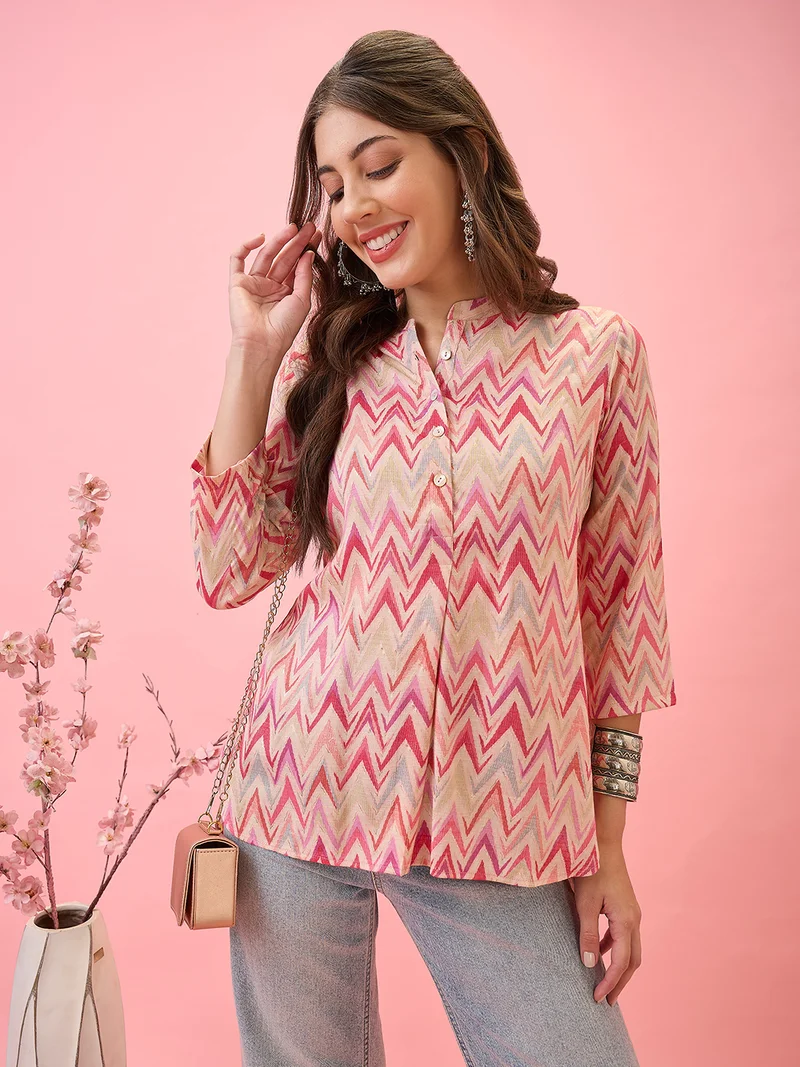 Women Mandarin Collar Chevron Print Curved High-Low Hem Workwear Tunic