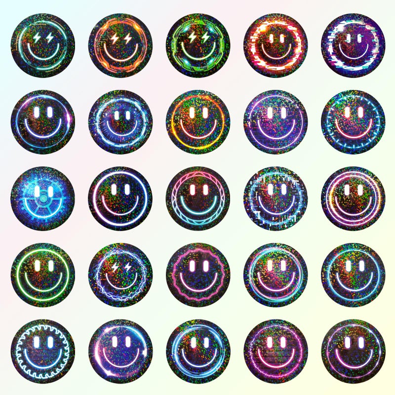 Wercokt 50PCS Smiling Glitter Neon Stickers, Cute Water Bottle Stickers for Kids, for Teaching Rewards, Notebooks, Stationery, Luggage, Cartoon PVC Happy Glitter Stickers - Image 3