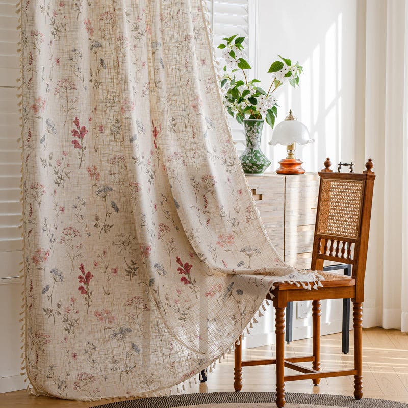 RoomTalks Modern Farmhouse Window Curtains 84 Inches Length 2 Panels, Boho Floral Cute Botanical Linen Curtains Panels for Bedroom Dining Living Room Nursery Light Filtering, Country Vintage Cottage Draperies - Image 1