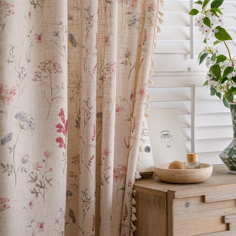 RoomTalks Modern Farmhouse Window Curtains 84 Inches Length 2 Panels, Boho Floral Cute Botanical Linen Curtains Panels for Bedroom Dining Living Room Nursery Light Filtering, Country Vintage Cottage Draperies - Image 5