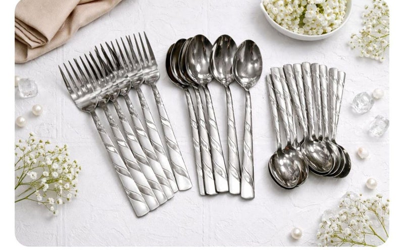 Stainless Steel Cutlery Set, Silver, Includes Forks, Spoons and Knives, Elegant Design with Embossed Handles - Image 1