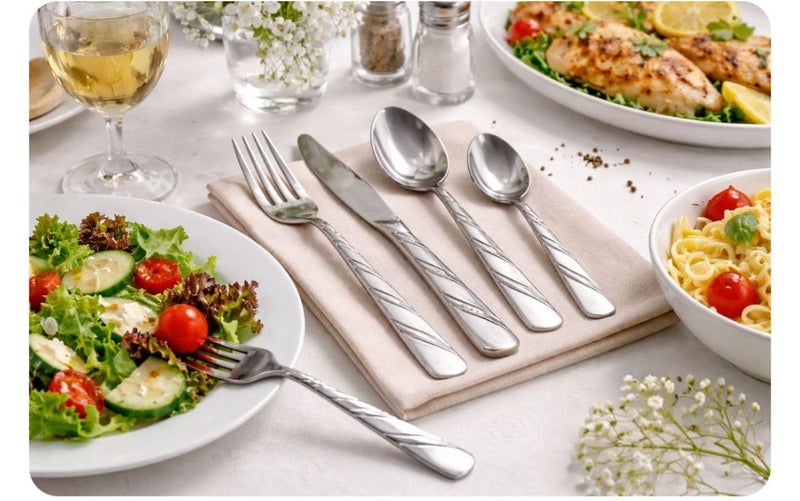 Stainless Steel Cutlery Set, Silver, Includes Forks, Spoons and Knives, Elegant Design with Embossed Handles - Image 3