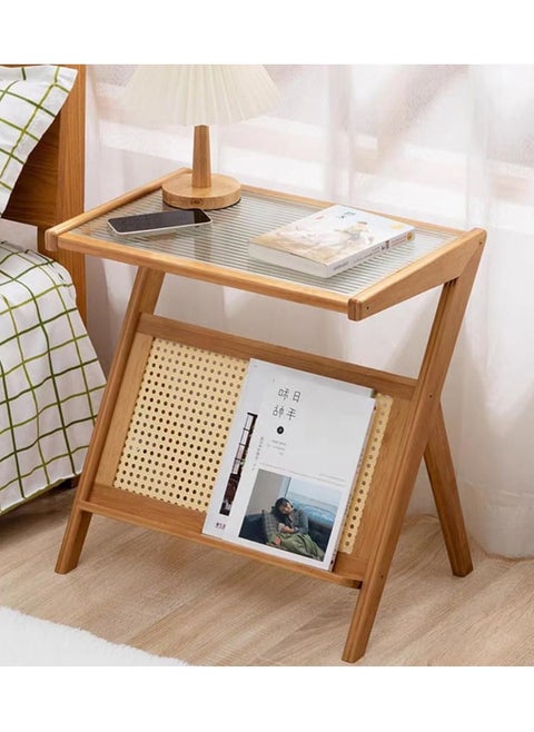 Boho Rattan Nightstand - Bamboo Side Table with Glass Top and Storage Shelf, Z-Shaped End Table for Bedroom, Living Room, or Office