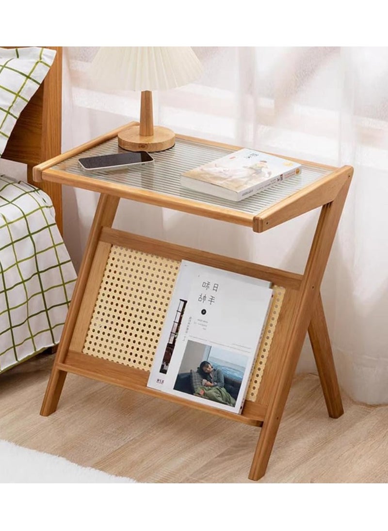 Boho Rattan Nightstand - Bamboo Side Table with Glass Top and Storage Shelf, Z-Shaped End Table for Bedroom, Living Room, or Office