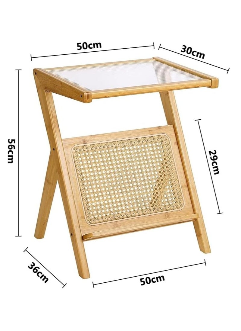 Boho Rattan Nightstand - Bamboo Side Table with Glass Top and Storage Shelf, Z-Shaped End Table for Bedroom, Living Room, or Office