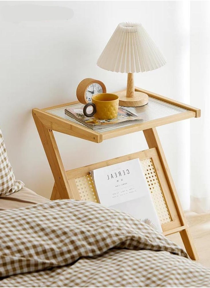 Boho Rattan Nightstand - Bamboo Side Table with Glass Top and Storage Shelf, Z-Shaped End Table for Bedroom, Living Room, or Office