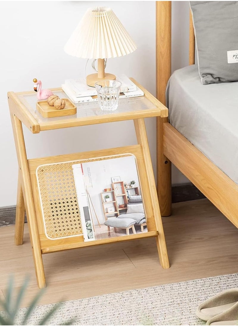 Boho Rattan Nightstand - Bamboo Side Table with Glass Top and Storage Shelf, Z-Shaped End Table for Bedroom, Living Room, or Office
