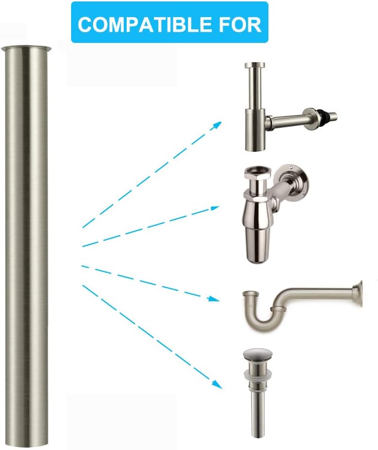 Keymark Flanged Sink Tailpiece 1-1/4" OD x 12", Brass Extension Tube for Trap, Inlet Waste Pipe Tubular Drain Connections, Brushed Nickel - Image 2
