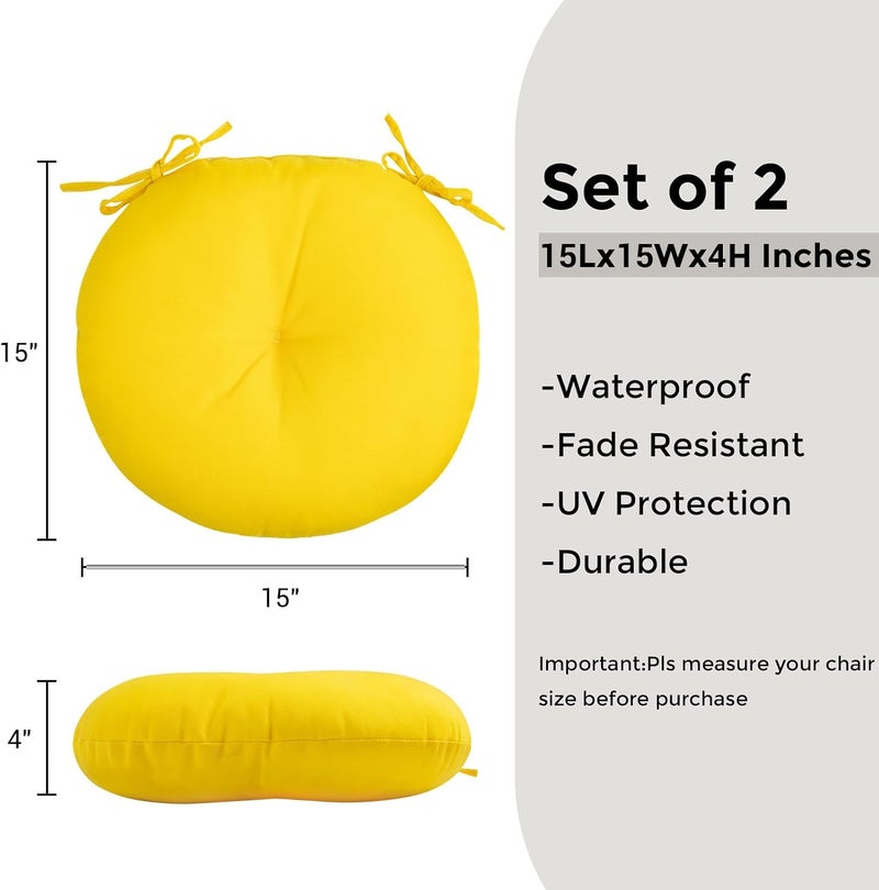 FUNHOME Bistro Chair Cushions 15 inch,Set of 2,Tufted Round Chair Cushions with Ties,15"x15"x4",Water Resistant Round Seat Cushion for Barstool Chairs,Patio Garden Kitchen Outdoor Furniture(Yellow) - Image 3