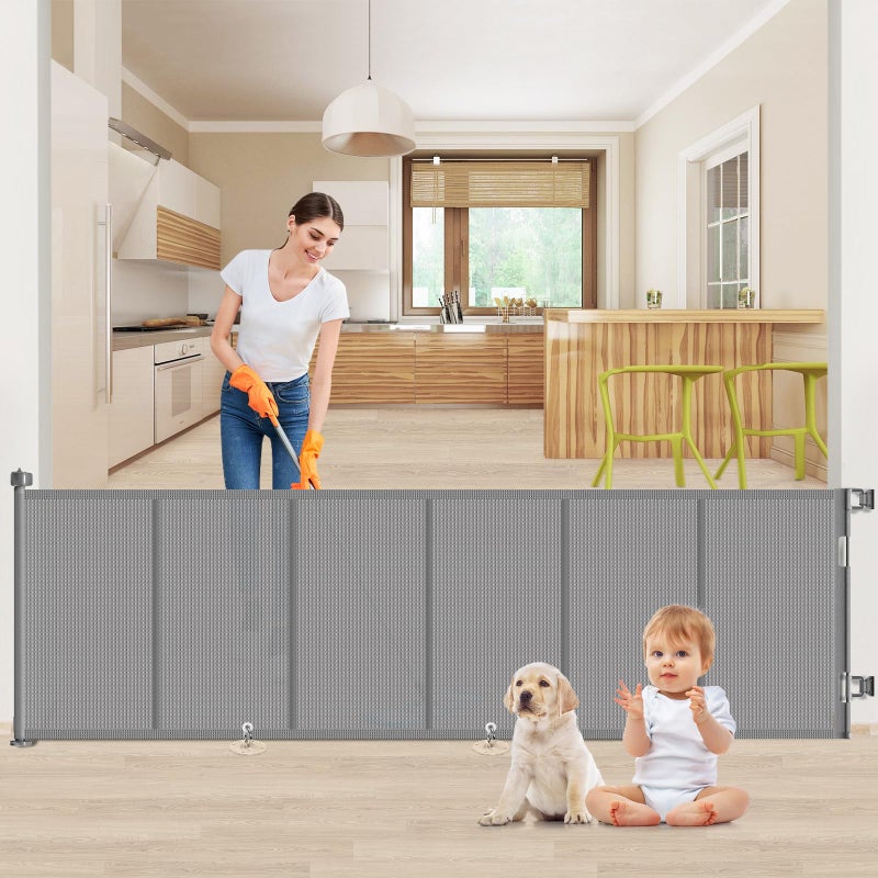 EZIGO Upgrade 120 inch Retractable Baby Gates, EZIGO Extra Wide Baby Gate for Large Opening Extra Long Mesh Gate for Kids or Pet Dog Gate Child Safety Gate for Stairs Hallways Doorway Indoor Outdoor, Gray - Image 1
