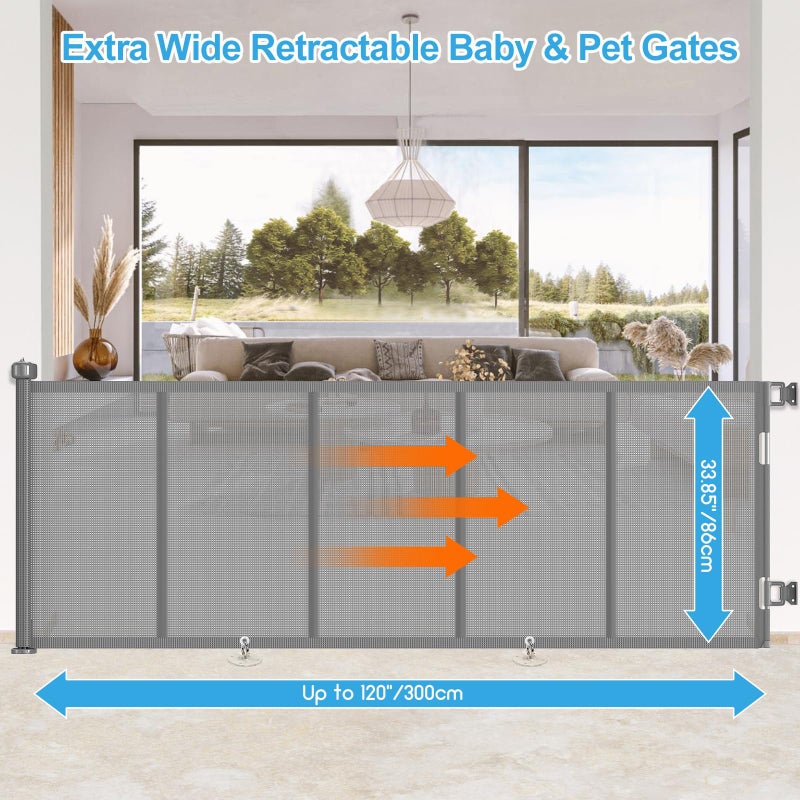 EZIGO Upgrade 120 inch Retractable Baby Gates, EZIGO Extra Wide Baby Gate for Large Opening Extra Long Mesh Gate for Kids or Pet Dog Gate Child Safety Gate for Stairs Hallways Doorway Indoor Outdoor, Gray - Image 2