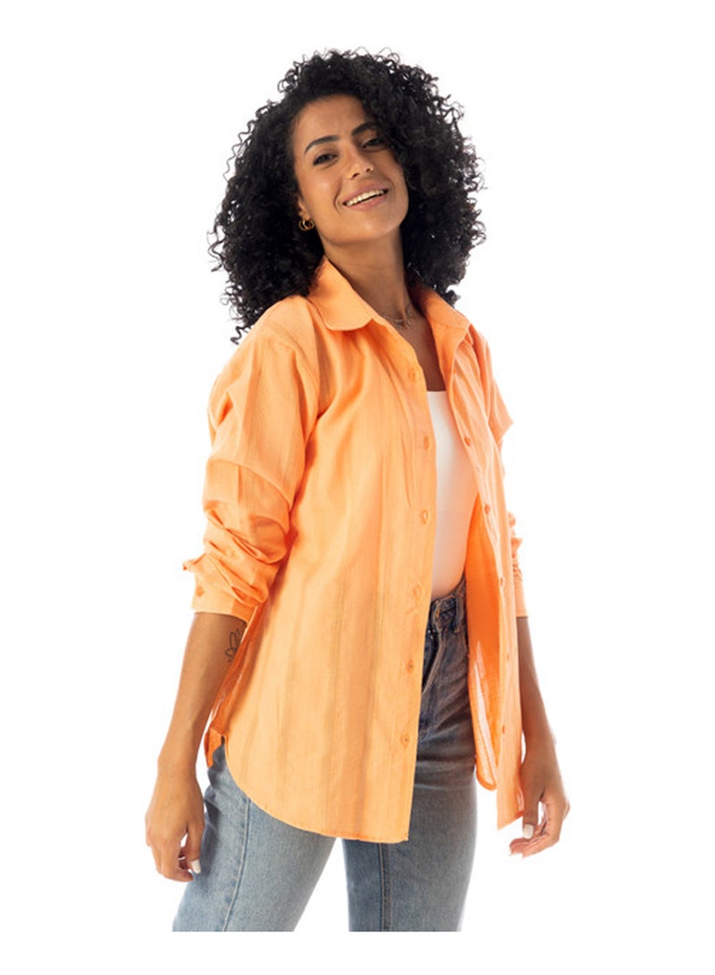 Andora Turn Down Collar Slip On Plain Cotton Shirt - Orange - Image 2