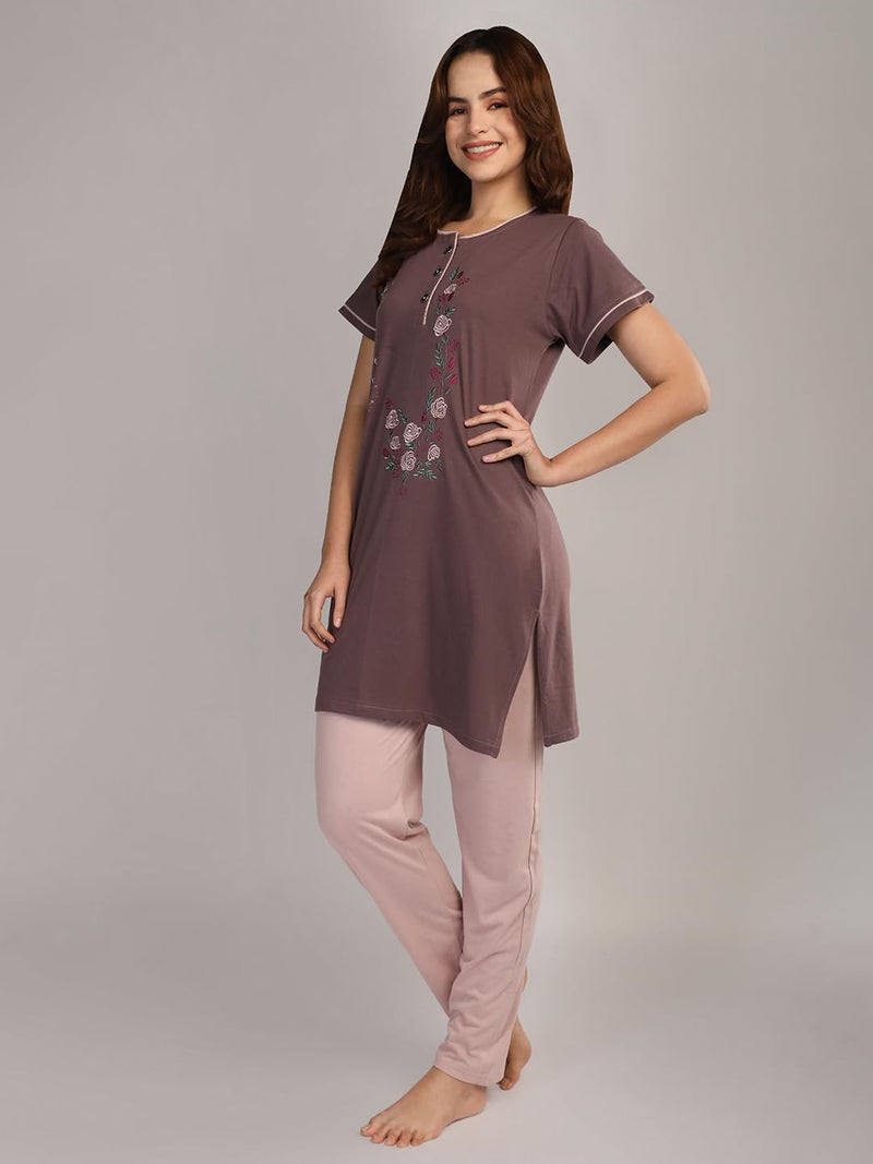 Duchess Women's Cotton Embroided Long Length Night Suit Set - Image 4
