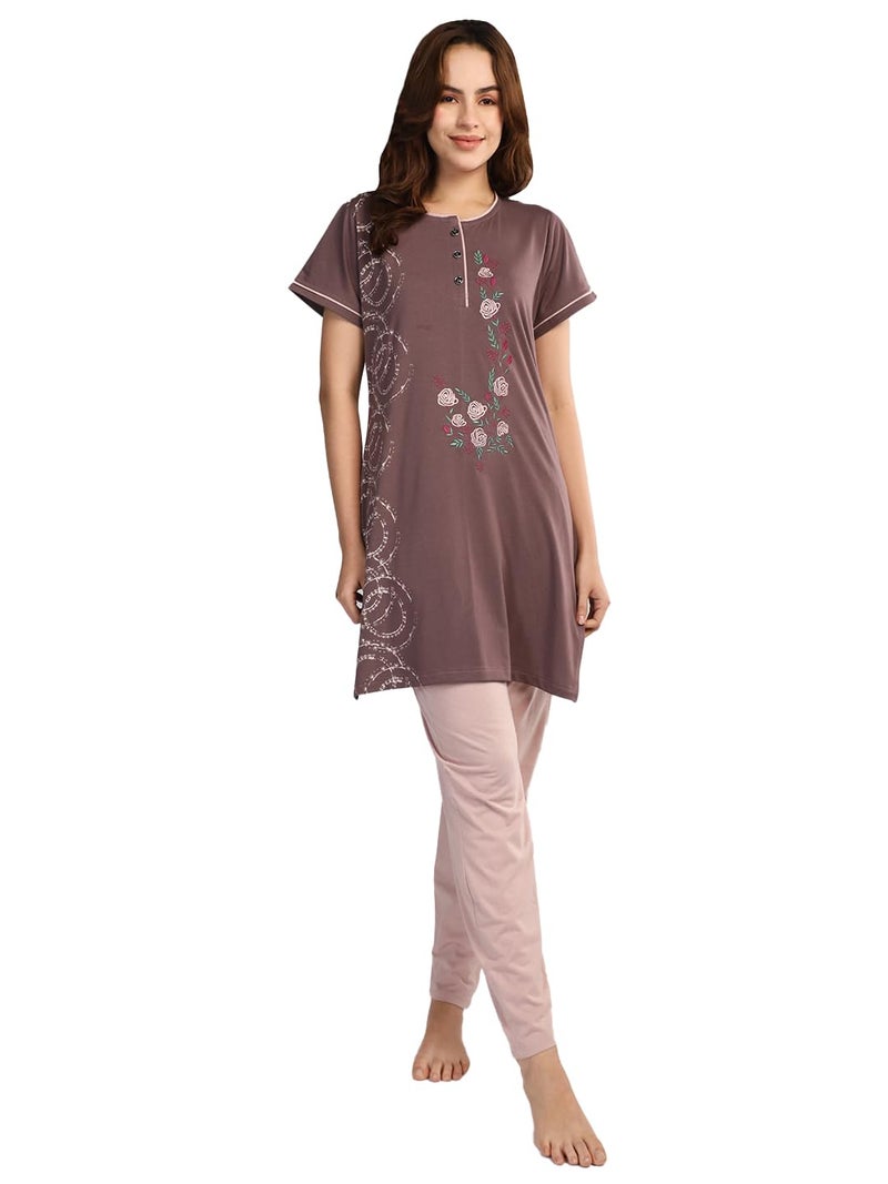 Duchess Women's Cotton Embroided Long Length Night Suit Set - Image 1