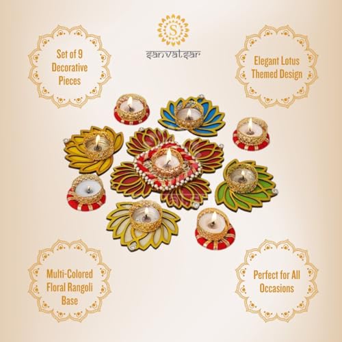 Sanvatsar Home Decorative Lotus Rangoli & Lotus Diya Set | Corporate Gift, Diwali Gift, Diya for puja Home Decoration Light Diya, Christmas Candle, Lighting, New Year Candle Set of 9(Red) - Image 2