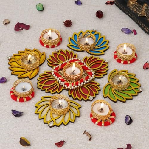 Sanvatsar Home Decorative Lotus Rangoli & Lotus Diya Set | Corporate Gift, Diwali Gift, Diya for puja Home Decoration Light Diya, Christmas Candle, Lighting, New Year Candle Set of 9(Red) - Image 1