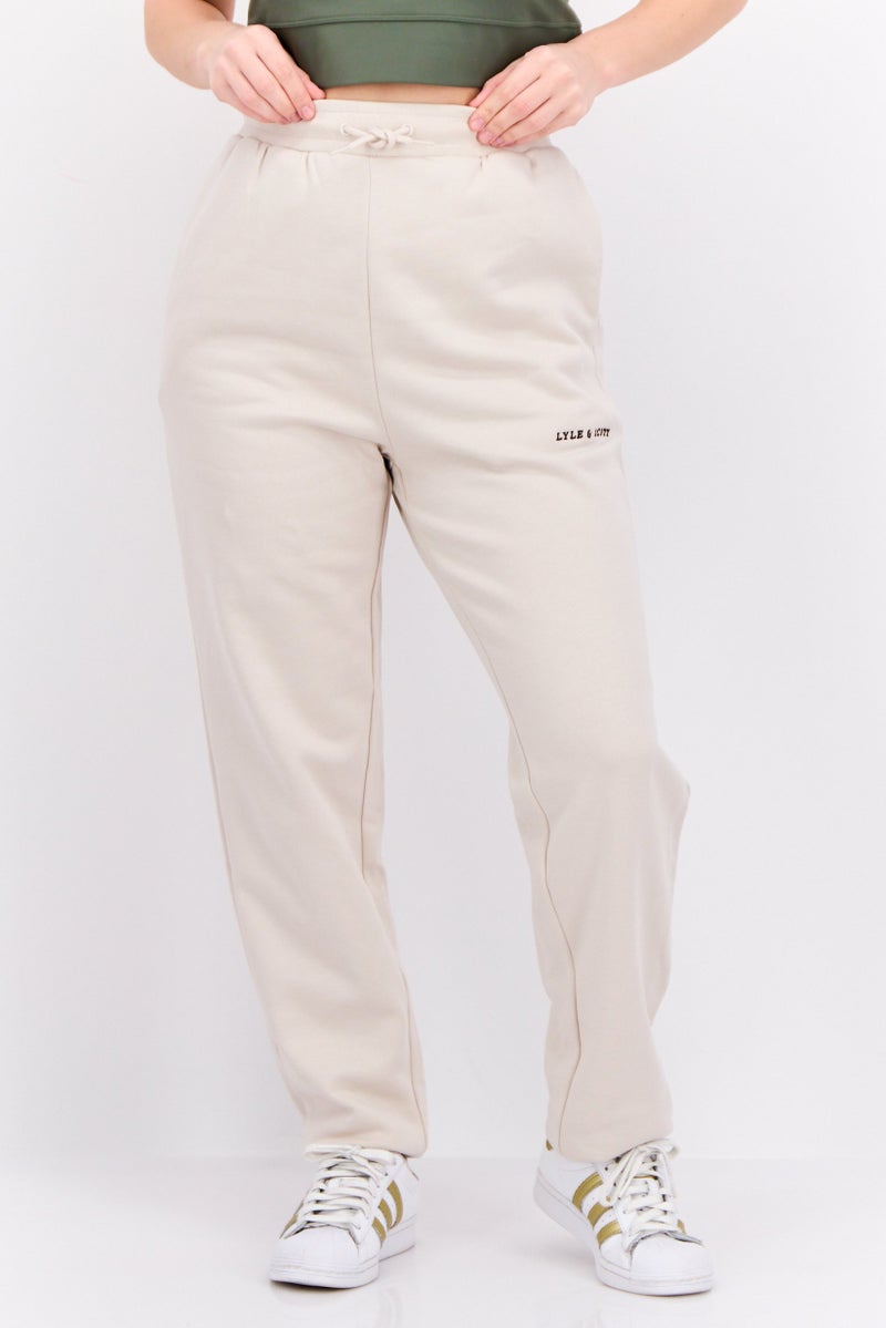 Lyle & Scott Women Regular FIt Embroidered Logo Sweatpants, Beige - Image 1