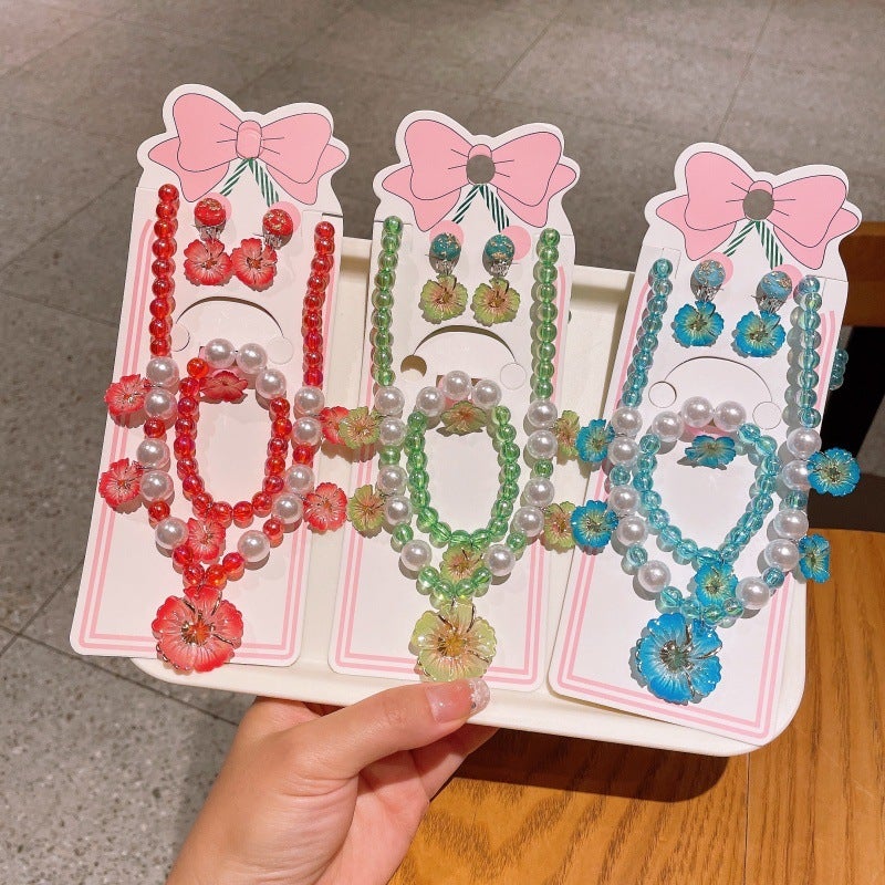 New Children'S Jewelry Beaded Bracelet Ring Ear Clip Set Princess Necklace Versatile Jewelry Summer Style - Image 2