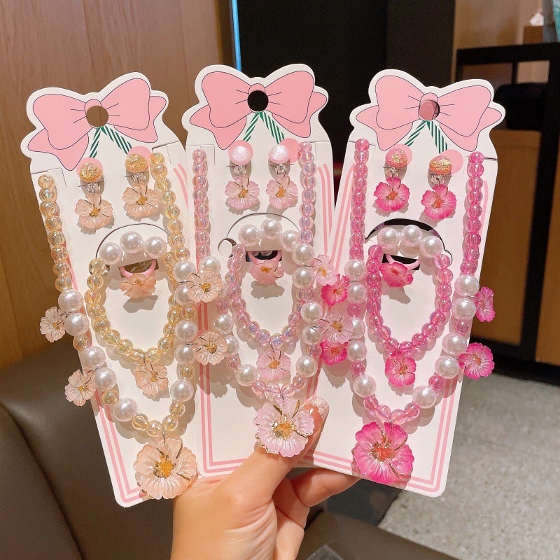 New Children'S Jewelry Beaded Bracelet Ring Ear Clip Set Princess Necklace Versatile Jewelry Summer Style - Image 4