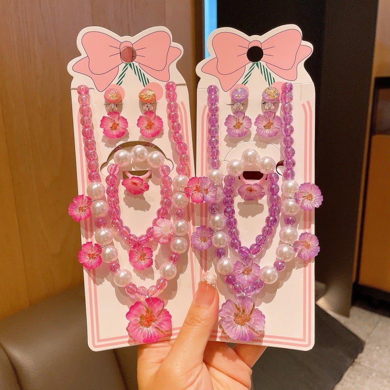 New Children'S Jewelry Beaded Bracelet Ring Ear Clip Set Princess Necklace Versatile Jewelry Summer Style - Image 3