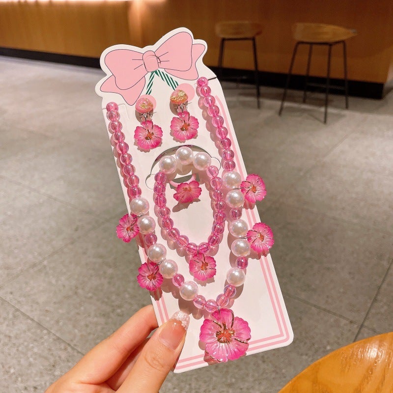 New Children'S Jewelry Beaded Bracelet Ring Ear Clip Set Princess Necklace Versatile Jewelry Summer Style - Image 1