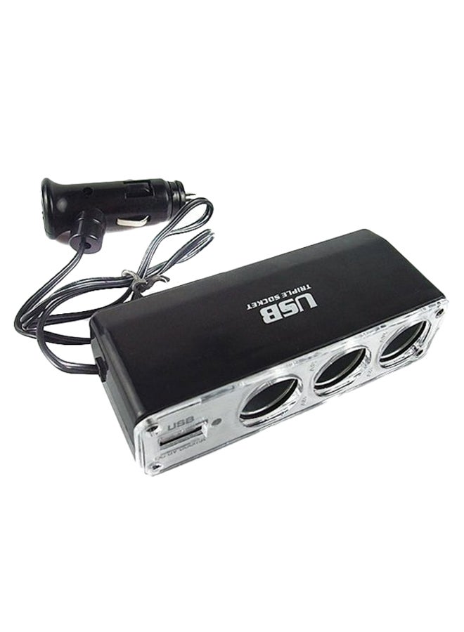 Loquat Dual USB 3-Way Socket Splitter Car Charger With LED Light Black/Silver - Image 1