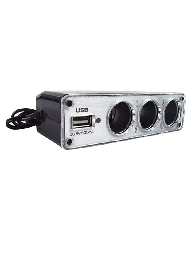 Loquat Dual USB 3-Way Socket Splitter Car Charger With LED Light Black/Silver - Image 2