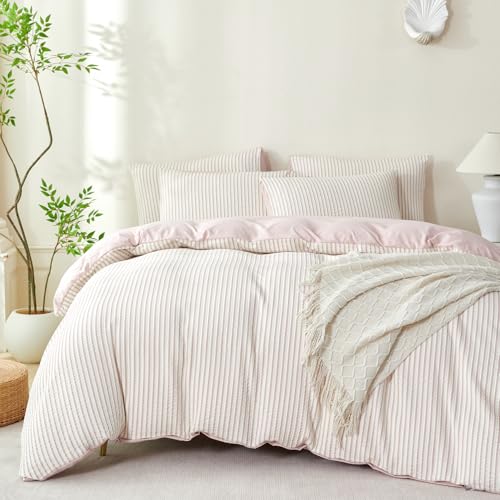 BUPIRD Queen Size Comforter Set Striped Grayish Pink Soft Washed Microfiber Jacquard 3 Pieces Striped Bedding Sets Pink White Comforter Queen for All Seasons and 2 Pillowcases Comfort Breathable - Image 1