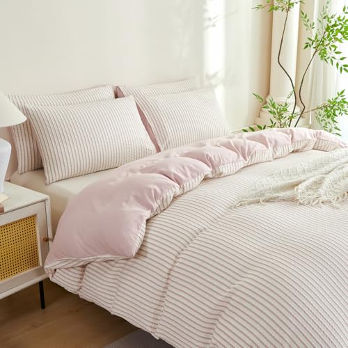 BUPIRD Queen Size Comforter Set Striped Grayish Pink Soft Washed Microfiber Jacquard 3 Pieces Striped Bedding Sets Pink White Comforter Queen for All Seasons and 2 Pillowcases Comfort Breathable - Image 5