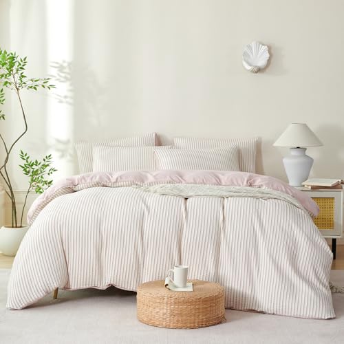 BUPIRD Queen Size Comforter Set Striped Grayish Pink Soft Washed Microfiber Jacquard 3 Pieces Striped Bedding Sets Pink White Comforter Queen for All Seasons and 2 Pillowcases Comfort Breathable - Image 3