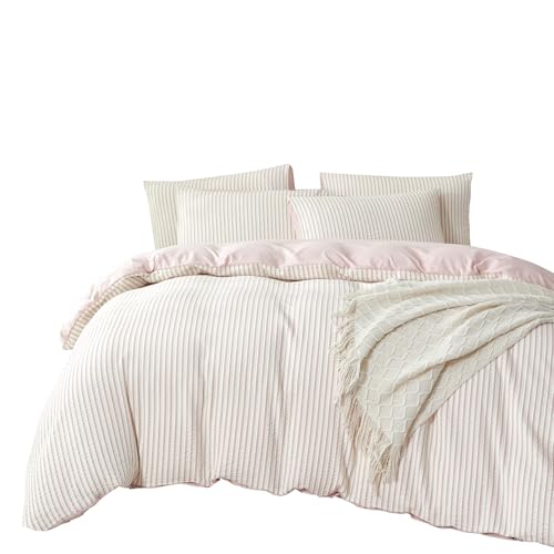 BUPIRD Queen Size Comforter Set Striped Grayish Pink Soft Washed Microfiber Jacquard 3 Pieces Striped Bedding Sets Pink White Comforter Queen for All Seasons and 2 Pillowcases Comfort Breathable - Image 2
