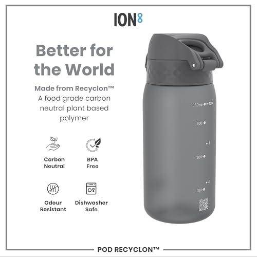 Ion8 Small Water Bottle, 350 ml/12 oz, Leak Proof, Easy to Open, Secure Lock, Dishwasher Safe, BPA Free, Carry Handle, Hygienic Flip Cover, Easy Clean, Odor Free, Carbon Neutral, Grey - Image 5
