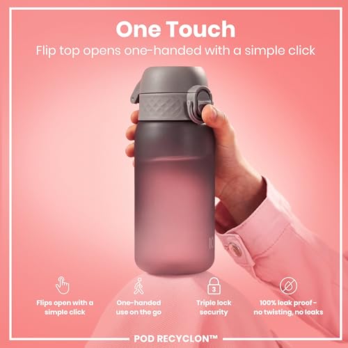 Ion8 Small Water Bottle, 350 ml/12 oz, Leak Proof, Easy to Open, Secure Lock, Dishwasher Safe, BPA Free, Carry Handle, Hygienic Flip Cover, Easy Clean, Odor Free, Carbon Neutral, Grey - Image 3