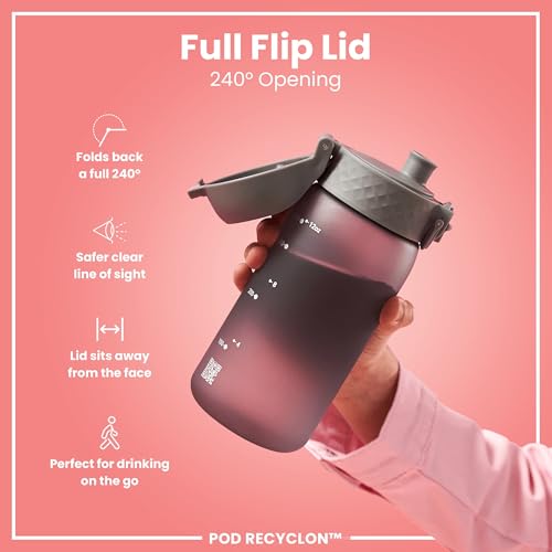 Ion8 Small Water Bottle, 350 ml/12 oz, Leak Proof, Easy to Open, Secure Lock, Dishwasher Safe, BPA Free, Carry Handle, Hygienic Flip Cover, Easy Clean, Odor Free, Carbon Neutral, Grey - Image 4