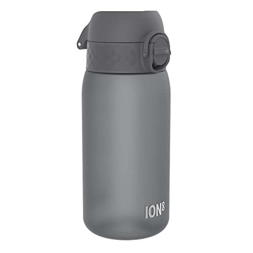 Ion8 Small Water Bottle, 350 ml/12 oz, Leak Proof, Easy to Open, Secure Lock, Dishwasher Safe, BPA Free, Carry Handle, Hygienic Flip Cover, Easy Clean, Odor Free, Carbon Neutral, Grey - Image 1