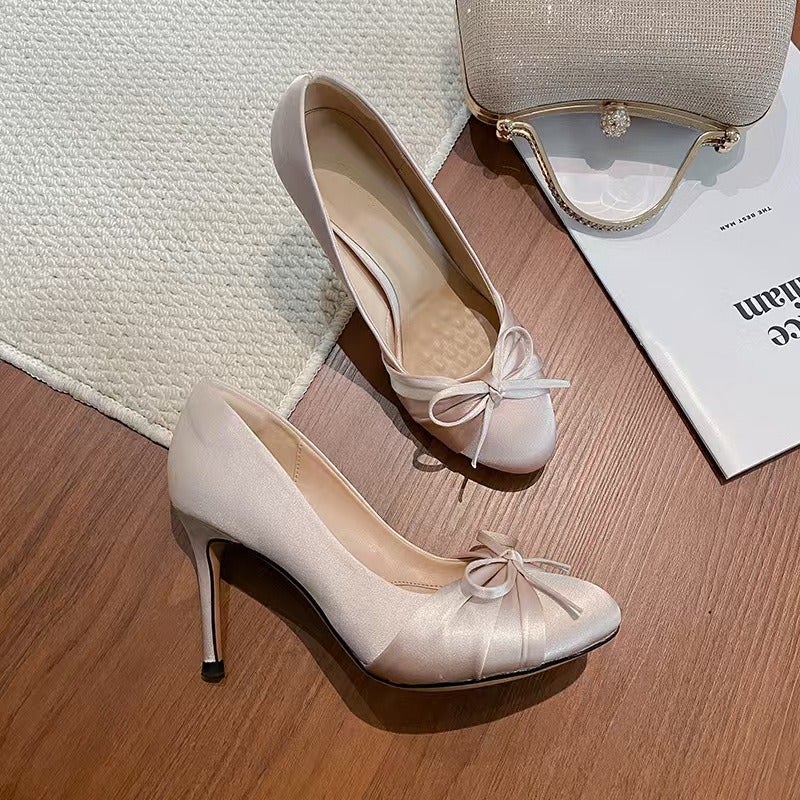 Women's High Heels Pointed Toe Satin Bow Elegant Wedding Shoes Low Cut Slip-On 2026 New Arrival - Image 2