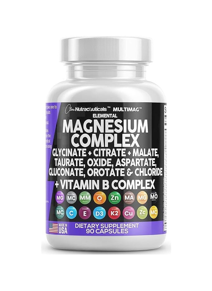 Clean Nutraceuticals - مركب المغنيسيوم 2285 ملغ مع المغنيسيوم غليسينات السترات أكسيد المالات تورات الأسبارتات الجلوكونات أوروتات وكلوريد المغنيسيوم والزنك والنحاس والمنجنيز وفيتامين سي مركب B1 B2 B6 B12 - 90 قطعة - Image 1