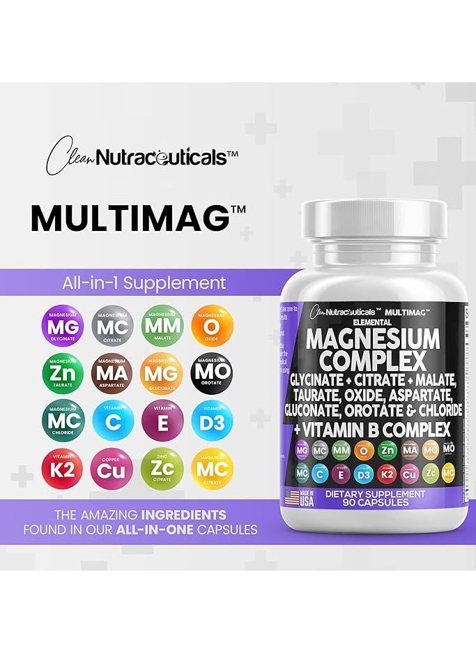 Clean Nutraceuticals - مركب المغنيسيوم 2285 ملغ مع المغنيسيوم غليسينات السترات أكسيد المالات تورات الأسبارتات الجلوكونات أوروتات وكلوريد المغنيسيوم والزنك والنحاس والمنجنيز وفيتامين سي مركب B1 B2 B6 B12 - 90 قطعة - Image 1