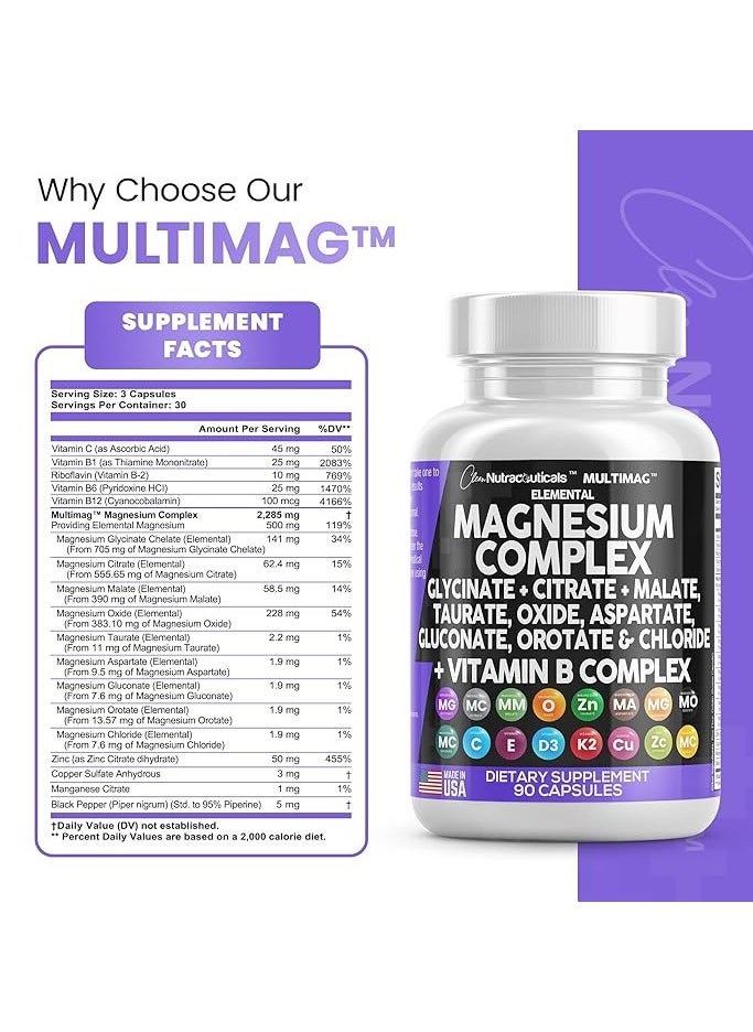 Clean Nutraceuticals - مركب المغنيسيوم 2285 ملغ مع المغنيسيوم غليسينات السترات أكسيد المالات تورات الأسبارتات الجلوكونات أوروتات وكلوريد المغنيسيوم والزنك والنحاس والمنجنيز وفيتامين سي مركب B1 B2 B6 B12 - 90 قطعة - Image 1