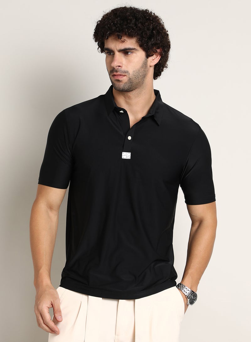 Campus Sutra Men's Obsidian Black Seamless Solid Polo T-Shirt - Image 1