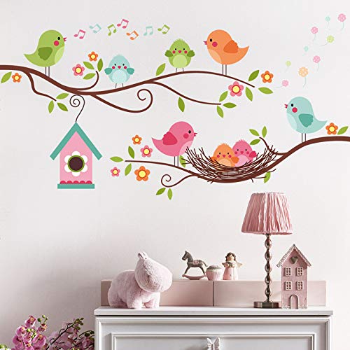 DILIBRA Robin Bird and Tree Branch Wall Stickers, Colorful Cute Cartoon Lovely Birds Singing On The Branch with Flowers Wall Decal, DILIBRA Removable DIY Mural Decorations for Living Room Bedroom Baby Room - Image 1