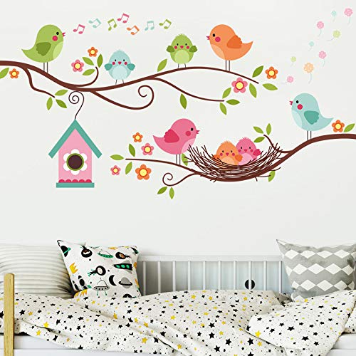 DILIBRA Robin Bird and Tree Branch Wall Stickers, Colorful Cute Cartoon Lovely Birds Singing On The Branch with Flowers Wall Decal, DILIBRA Removable DIY Mural Decorations for Living Room Bedroom Baby Room - Image 3