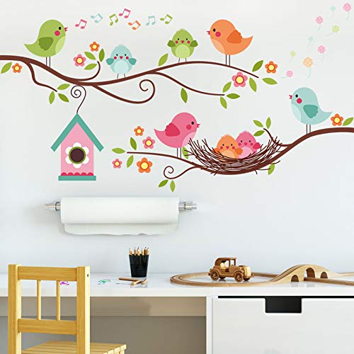 DILIBRA Robin Bird and Tree Branch Wall Stickers, Colorful Cute Cartoon Lovely Birds Singing On The Branch with Flowers Wall Decal, DILIBRA Removable DIY Mural Decorations for Living Room Bedroom Baby Room - Image 4