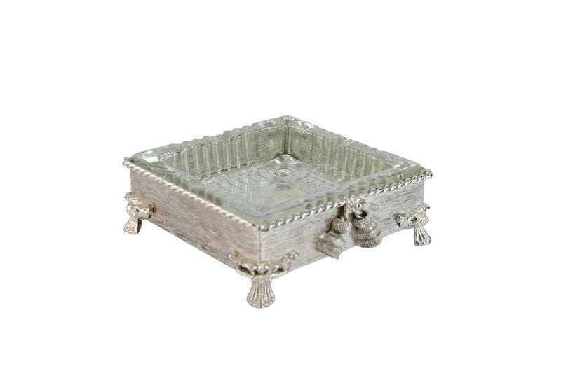 السيف هوم طفاية زجاج بقاعدة معدنية، تصميم مربع بزخارف فاخرة، وعاء زجاجي سهل التنظيف - فضي شفاف - Image 2