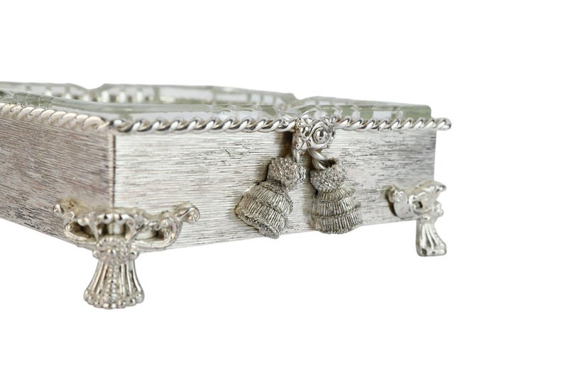 السيف هوم طفاية زجاج بقاعدة معدنية، تصميم مربع بزخارف فاخرة، وعاء زجاجي سهل التنظيف - فضي شفاف - Image 4