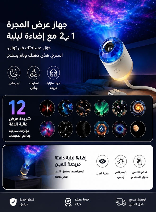 جهاز عرض ليلي ثلاثي الأبعاد 2 في 1 بتصميم مجرة، مزود بـ 12 فيلم عرض، وإضاءة كريستالية زرقاء قابلة للتعديل، ودوران 360 درجة، يعمل بتقنية USB، مصباح جداري صغير محمول بتقنية LED، سهل الاستخدام، مناسب للبالغين والأطفال. - Image 5