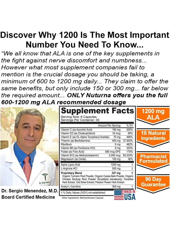 Nuturna Neuropathy Support Supplement with 1200 mg HP-99 Alpha Lipoic Acid - Max Strength ALA Nerve Formula for Feet Hands Fingers Legs - Ultra Potent 18 in 1 Natural Nerve Vitamins - 180 Capsules - Image 4