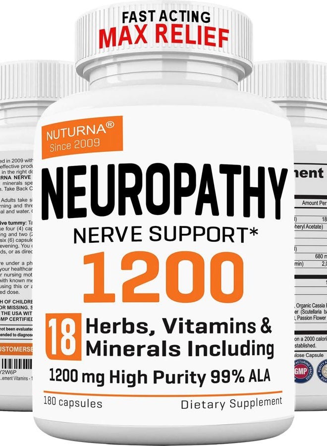 Nuturna Neuropathy Support Supplement with 1200 mg HP-99 Alpha Lipoic Acid - Max Strength ALA Nerve Formula for Feet Hands Fingers Legs - Ultra Potent 18 in 1 Natural Nerve Vitamins - 180 Capsules - Image 1