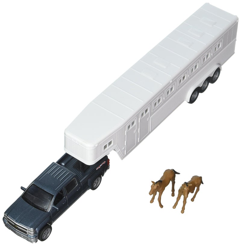 NewRay Chevrolet 143 Longhauler Silverado 4X4 with Horse Trailer and Horse Figures Black - Image 2