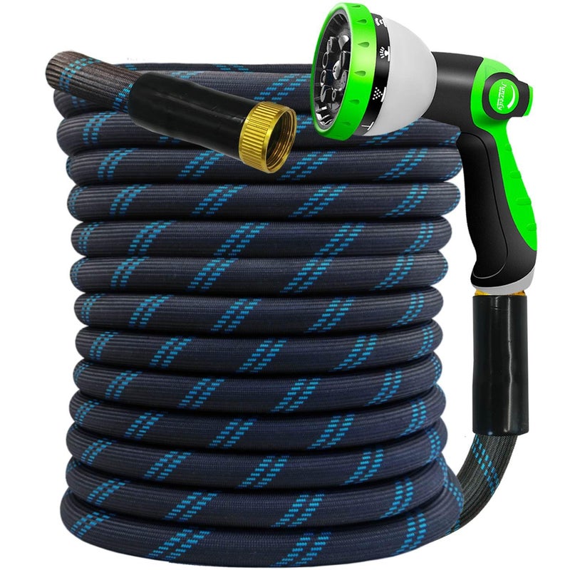 Junredy Garden Hose 50 FT, NON-EXPANDABLE Heavy-Duty Flexible & Lightweight Water Hose with 10-Function Nozzle, No-Kink, Leak-Proof Super Fabric, Solid Fittings for Lawn, Car, Outdoor (Black Blue) - Image 1